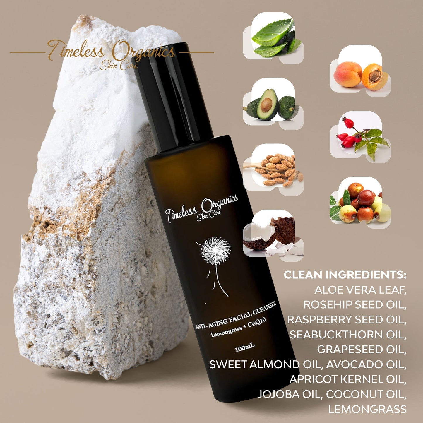 Anti-aging facial cleanser bottle with black pump and ingredient callout icons