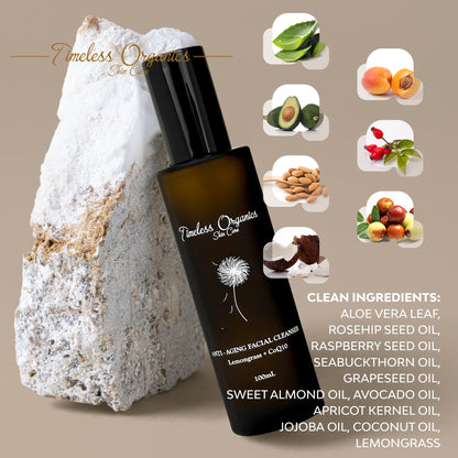 Anti-aging facial cleanser bottle with black pump and ingredient callout icons