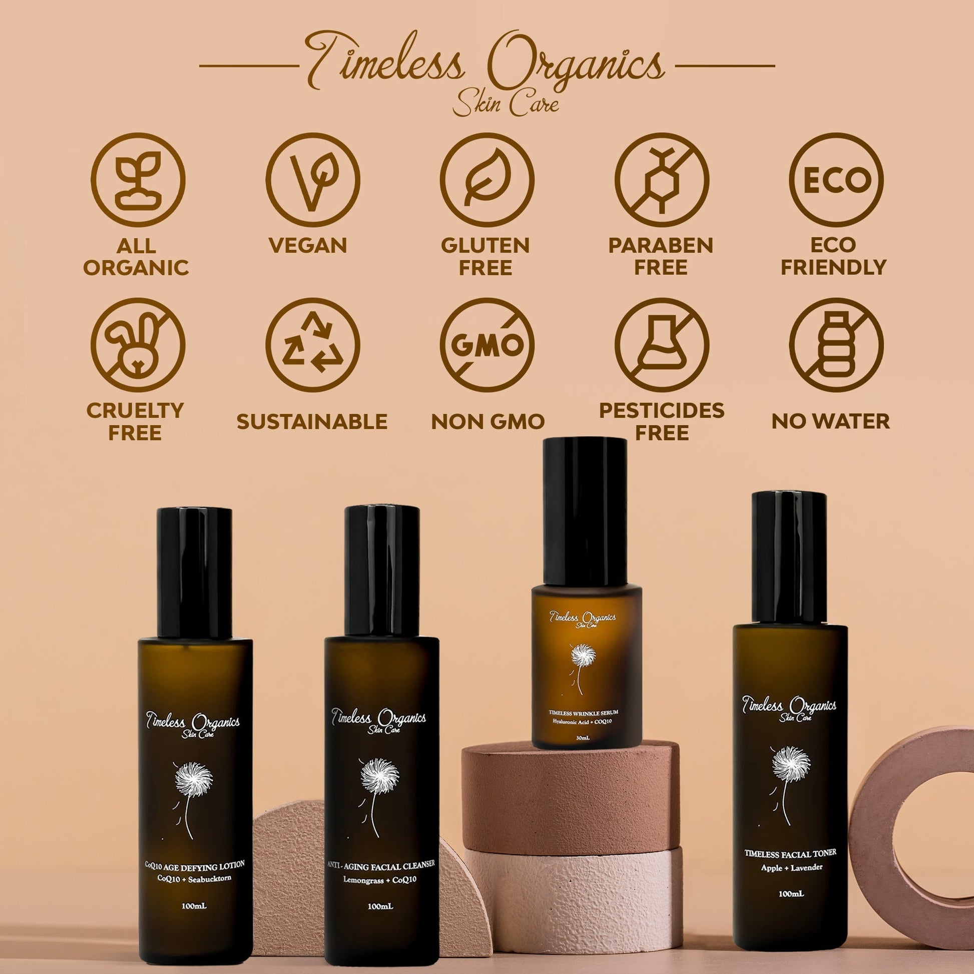 Anti-aging skincare kit with four dark amber bottles and black caps