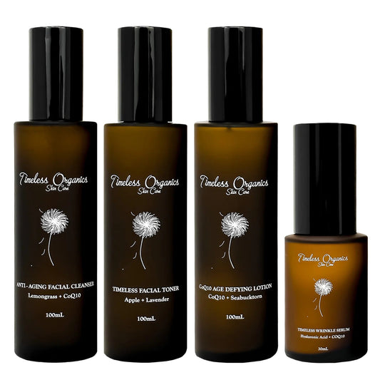 Anti-aging skincare kit bottles: dark amber cleanser, toner, lotion, and wrinkle serum
