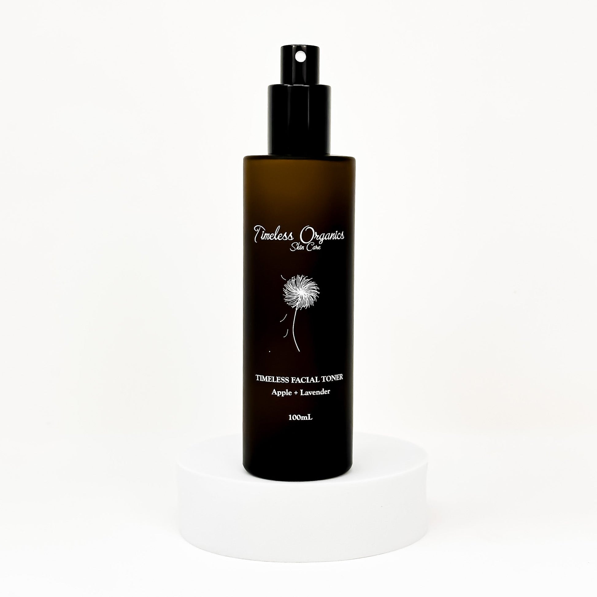 Timeless Organics facial toner bottle, black pump, Apple + Lavender, 100mL