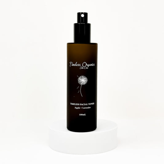 Timeless Organics facial toner bottle, black pump, Apple + Lavender, 100mL
