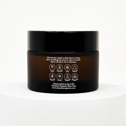 Brightening clay face mask jar, back label with icons and usage text