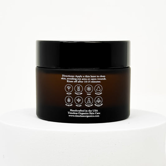 Brightening clay face mask jar, back label with icons and usage text