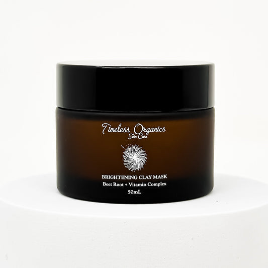 Brightening clay face mask jar, dark bottle with black lid and front label