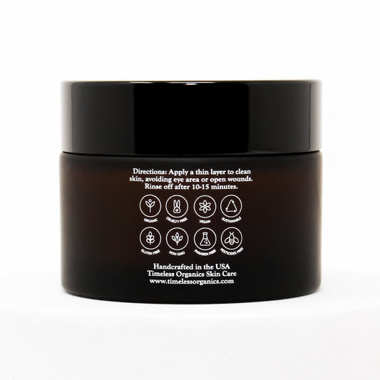 Timeless Organics clarifying masque jar with black lid, back label and directions