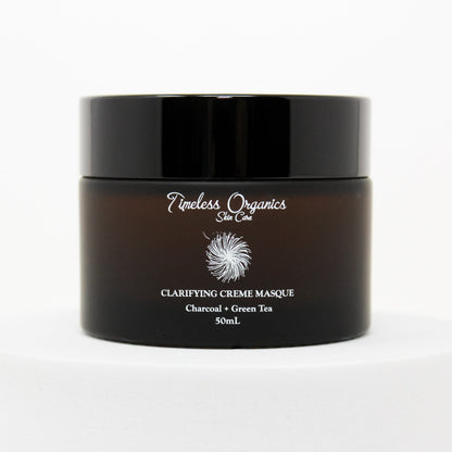 Timeless Organics clarifying charcoal cream masque jar with black lid, front label visible