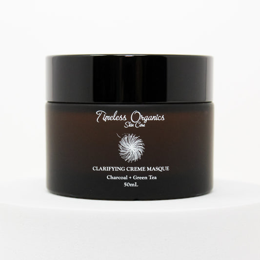 Timeless Organics clarifying charcoal cream masque jar with black lid, front label visible