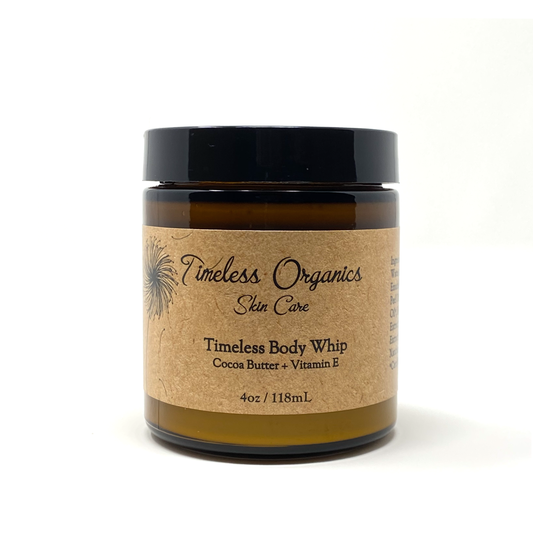 Cocoa butter body whip jar with black lid, amber container