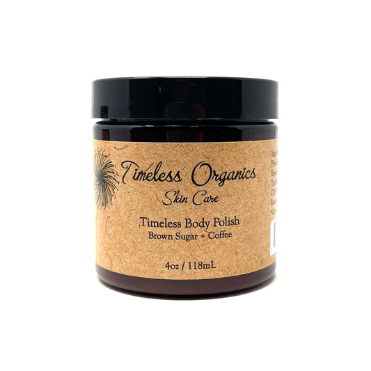 Body polish jar with black lid and tan label, Timeless Organics Skin Care brown sugar + coffee
