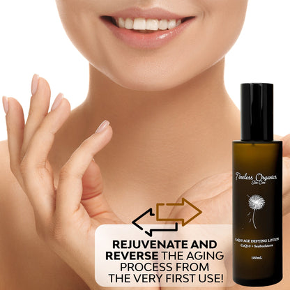 CoQ10 age defying face lotion bottle with black pump beside face and hand