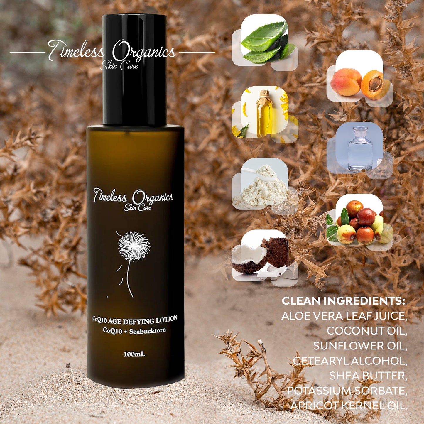 CoQ10 age defying face lotion bottle with black pump and clean ingredient icons