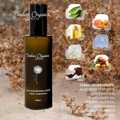 CoQ10 age defying face lotion bottle with black pump and clean ingredient icons