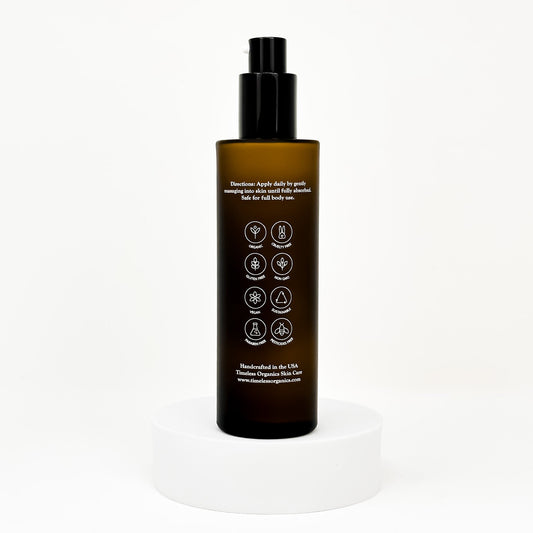 CoQ10 age defying face lotion pump bottle, back label with use directions