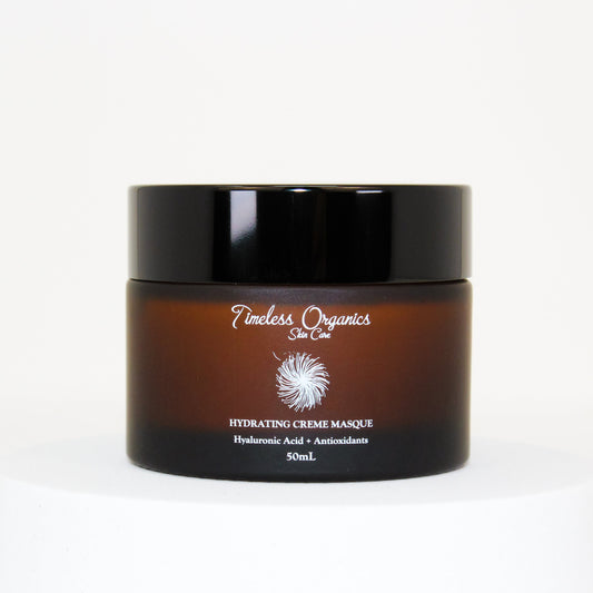 Hydrating face cream masque jar with black lid and amber-brown container