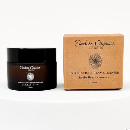 Timeless Organics exfoliating cream cleanser, black jar and tan product box