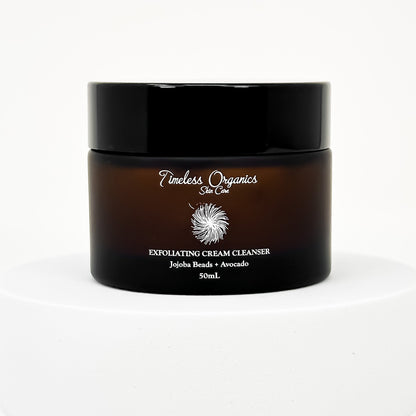 Timeless Organics exfoliating cream cleanser jar, black lid and amber-brown body