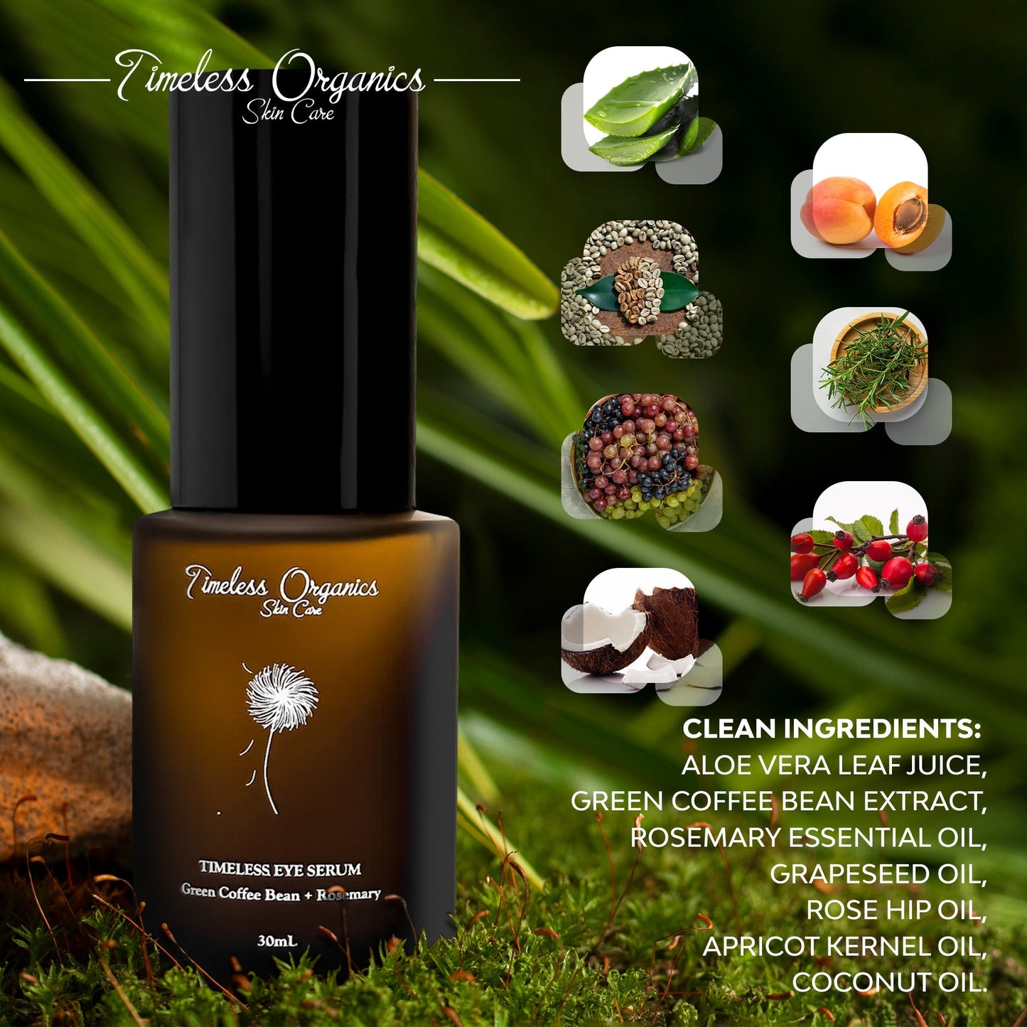 Eye serum bottle with black pump and amber container on a leafy background
