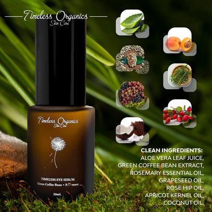 Eye serum bottle with black pump and amber container on a leafy background