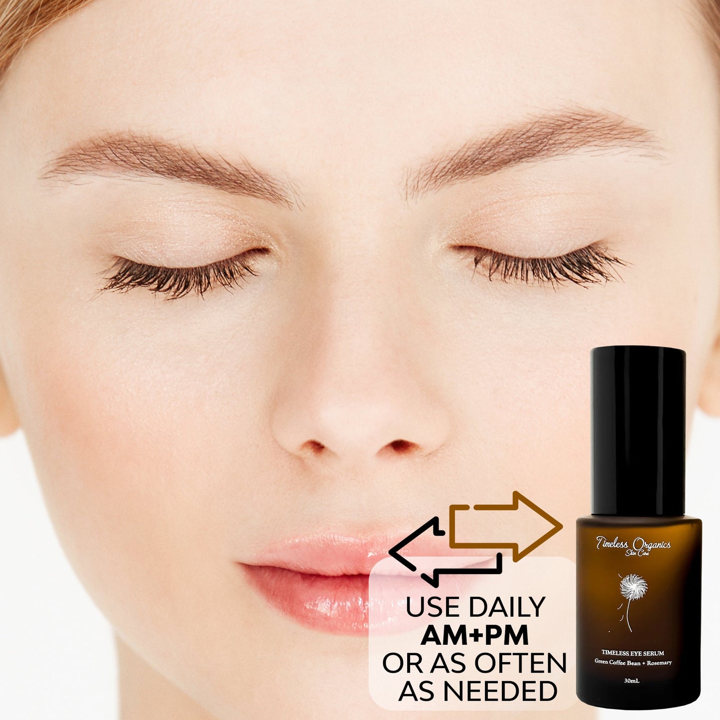 Woman’s face with eye serum applied around the eye area and bottle shown