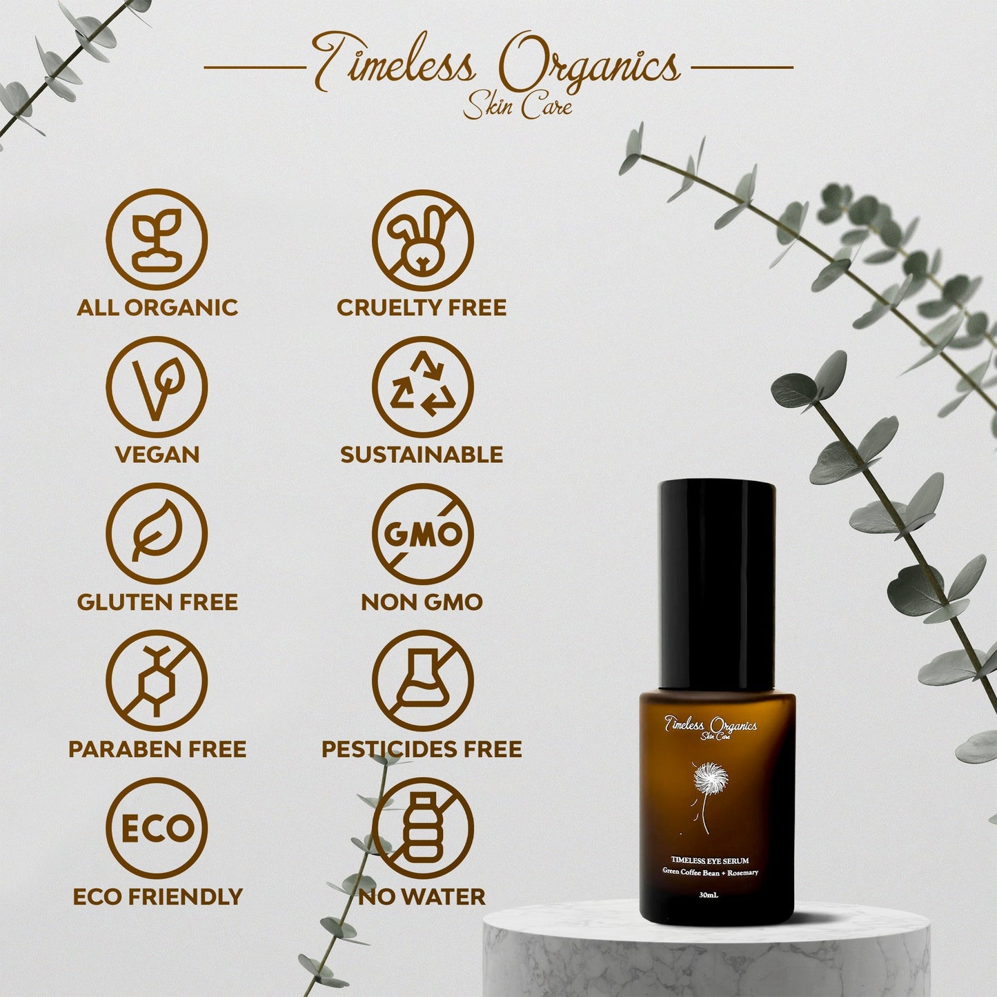 Eye serum bottle with black pump and amber glass on a white background with icons