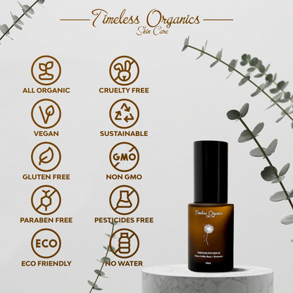 Eye serum bottle with black pump and amber glass on a white background with icons
