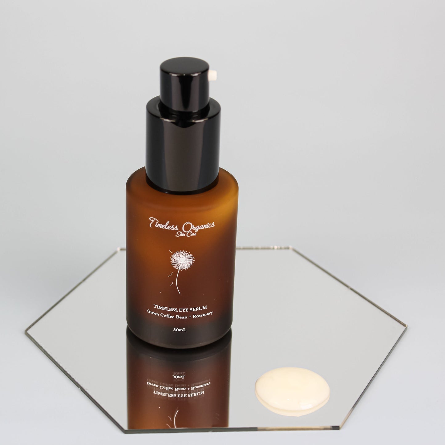 Eye serum bottle with black pump and amber glass container, with a white cream smear