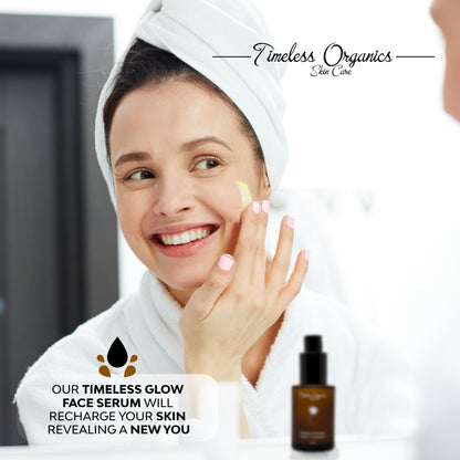 Face serum bottle and woman applying serum on her cheek with a towel headband.