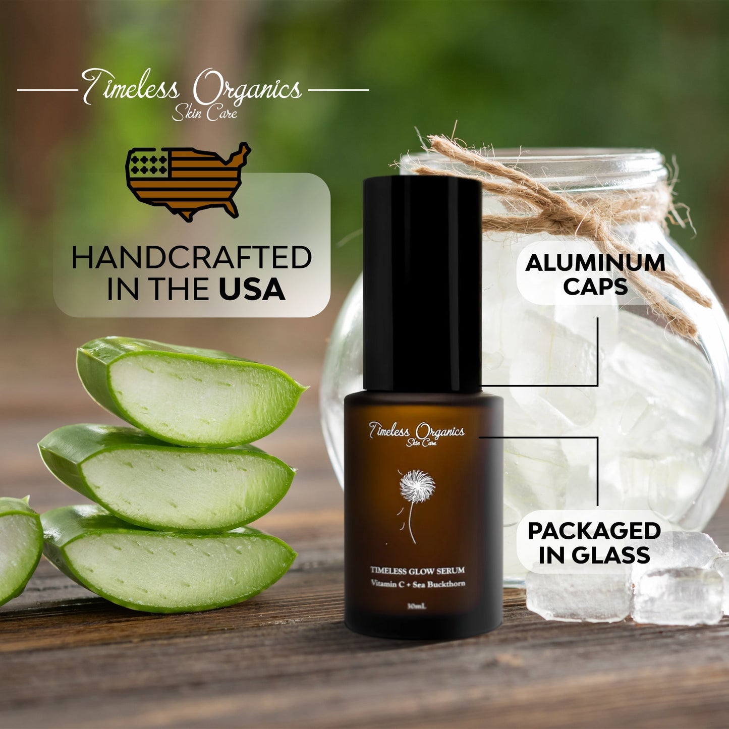 Glow serum bottle with black pump beside aloe slices and a glass jar.
