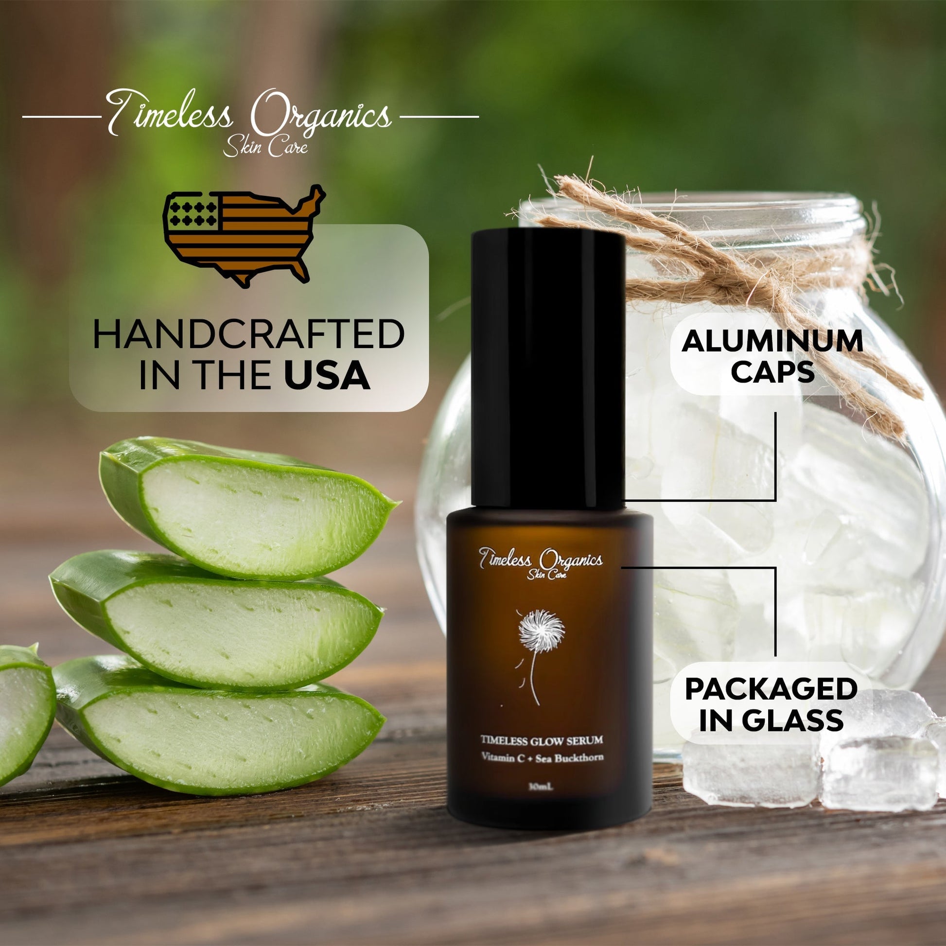 Glow serum bottle with black pump beside aloe slices and a glass jar.