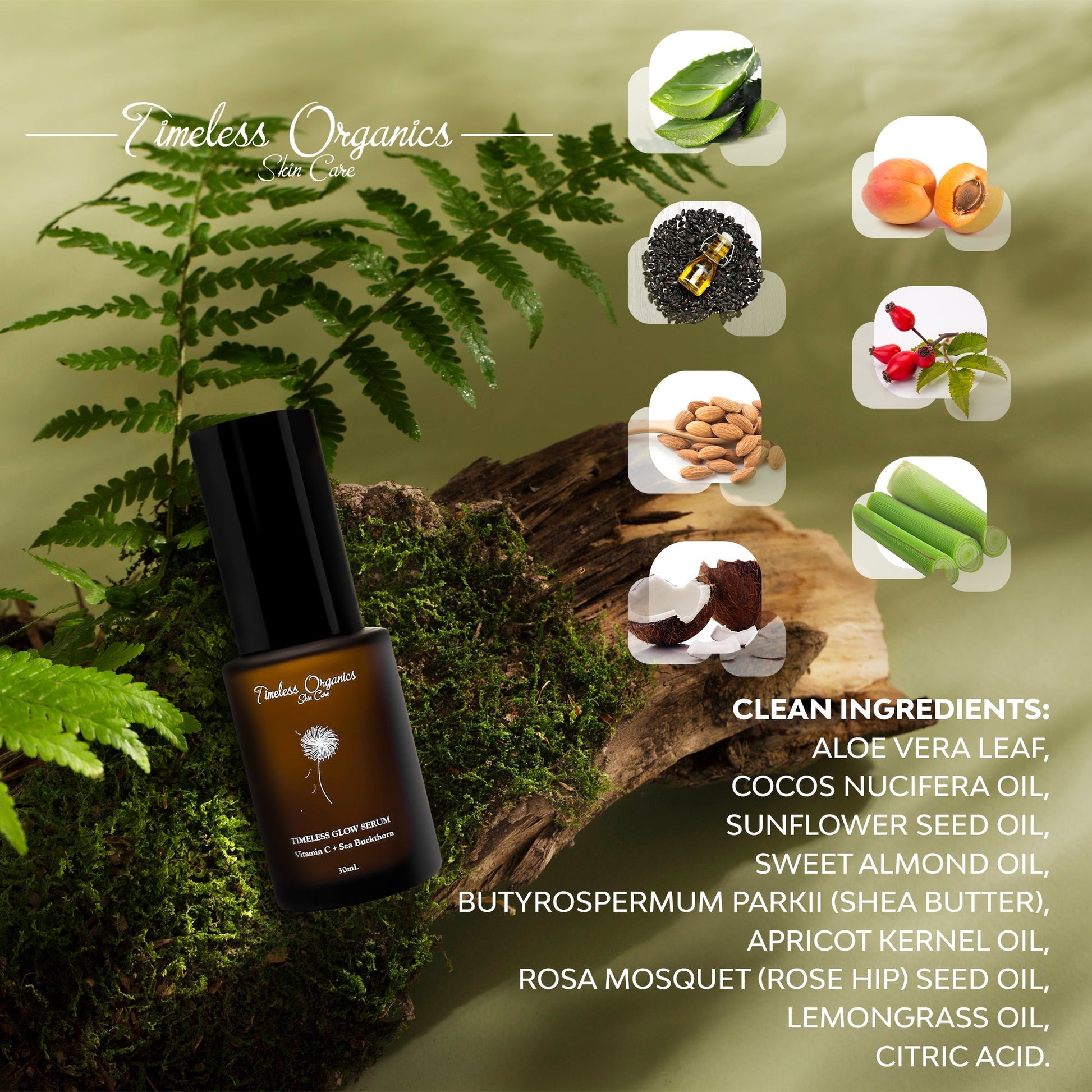 Glow serum bottle near green plants and natural ingredients on a scenic background.