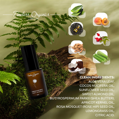 Glow serum bottle near green plants and natural ingredients on a scenic background.