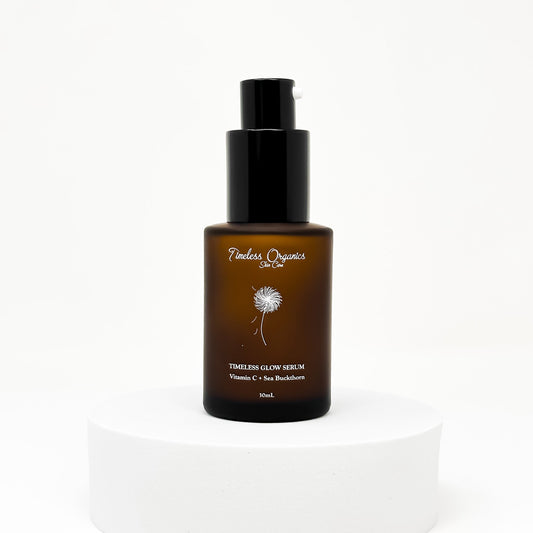 Glow serum bottle with black pump, amber liquid, centered on a pedestal.