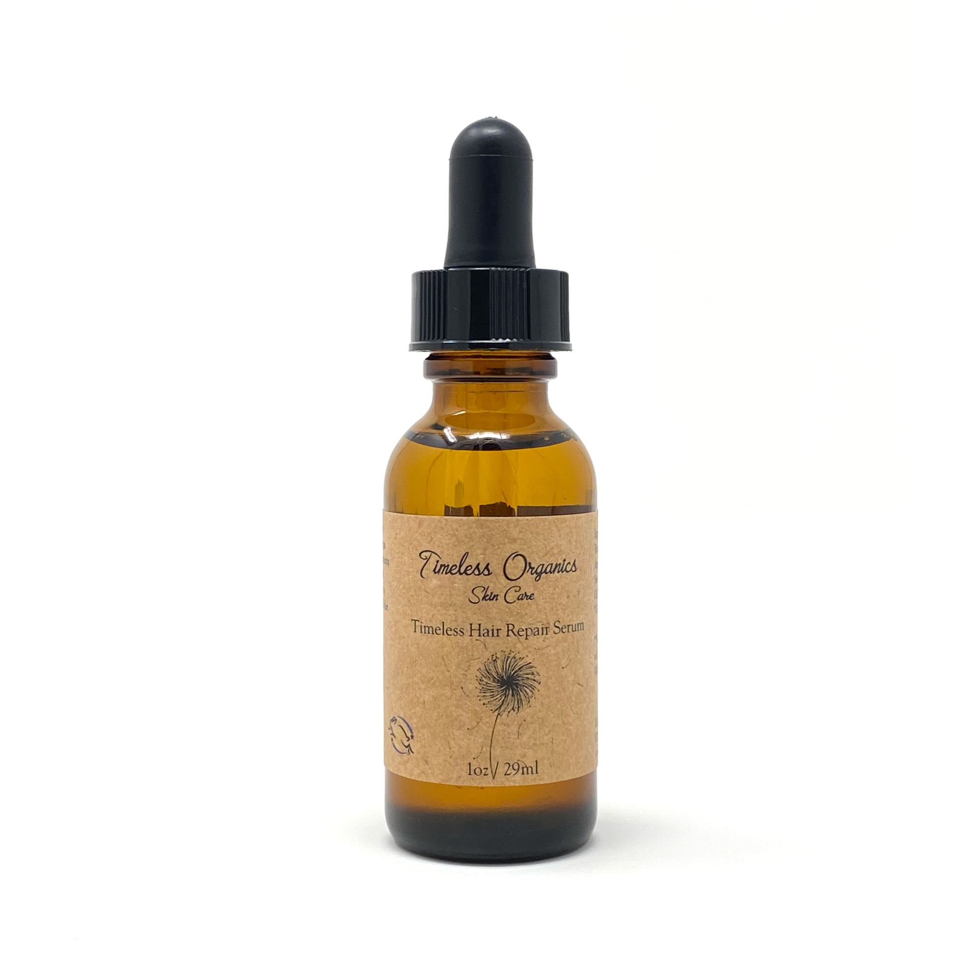 Hair repair serum bottle with amber liquid and black dropper, kraft-style label