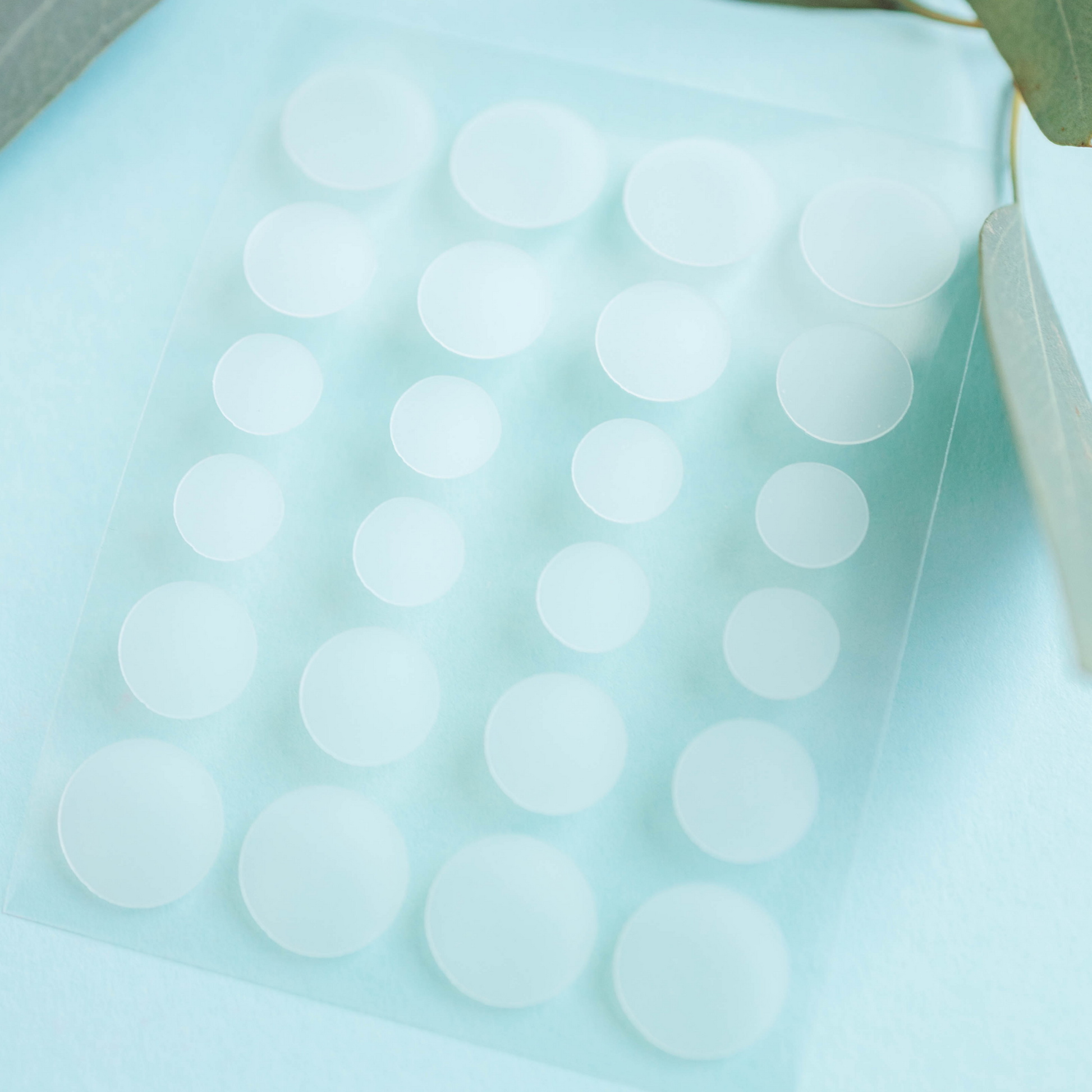 Hydrocolloid acne patches sheet with round white patches arranged in rows