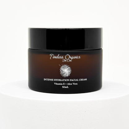 Timeless Organics facial cream jar with black lid, Vitamin E and Aloe Vera label