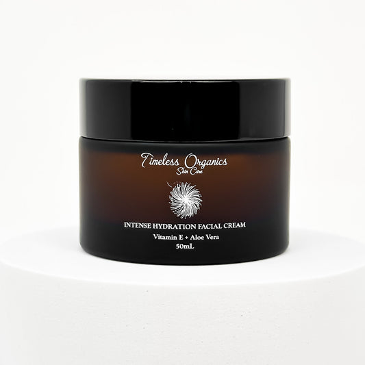Timeless Organics facial cream jar with black lid, Vitamin E and Aloe Vera label