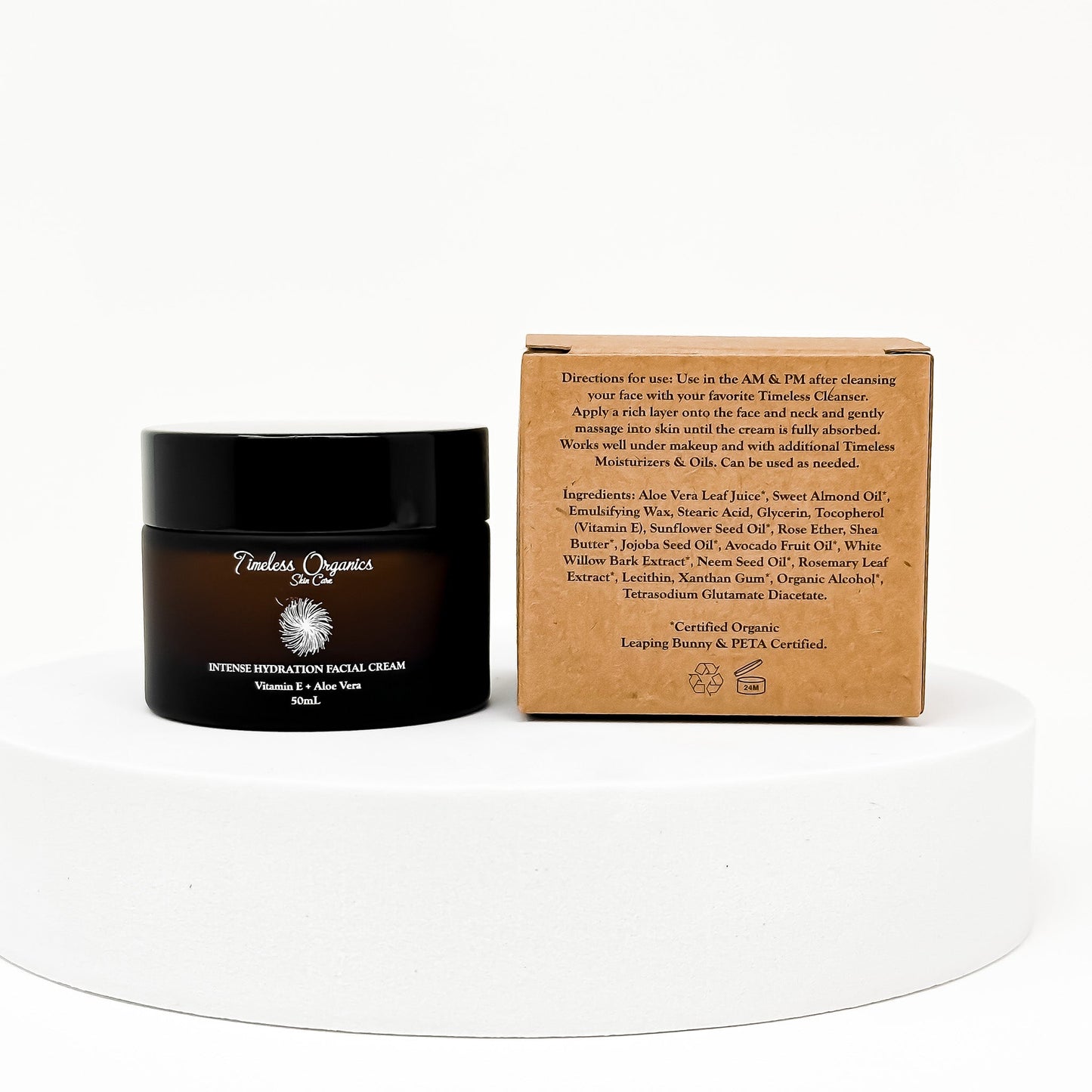 Facial cream jar and brown product box back with ingredient directions text