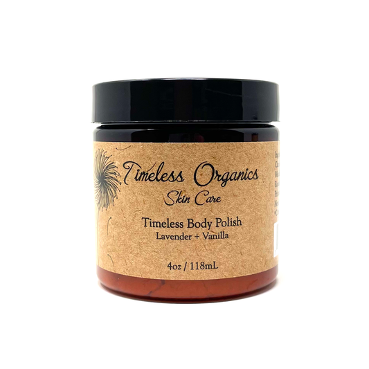 Body polish jar with black lid, brown label: Lavender and Vanilla, 4oz/118ml