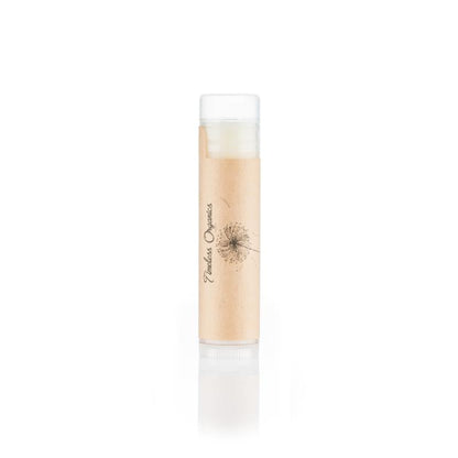 Lip balm tube with clear section and white cap, beige balm, Timeless Organics logo