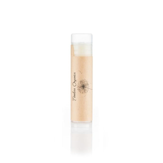 Lip balm tube with clear section and white cap, beige balm, Timeless Organics logo