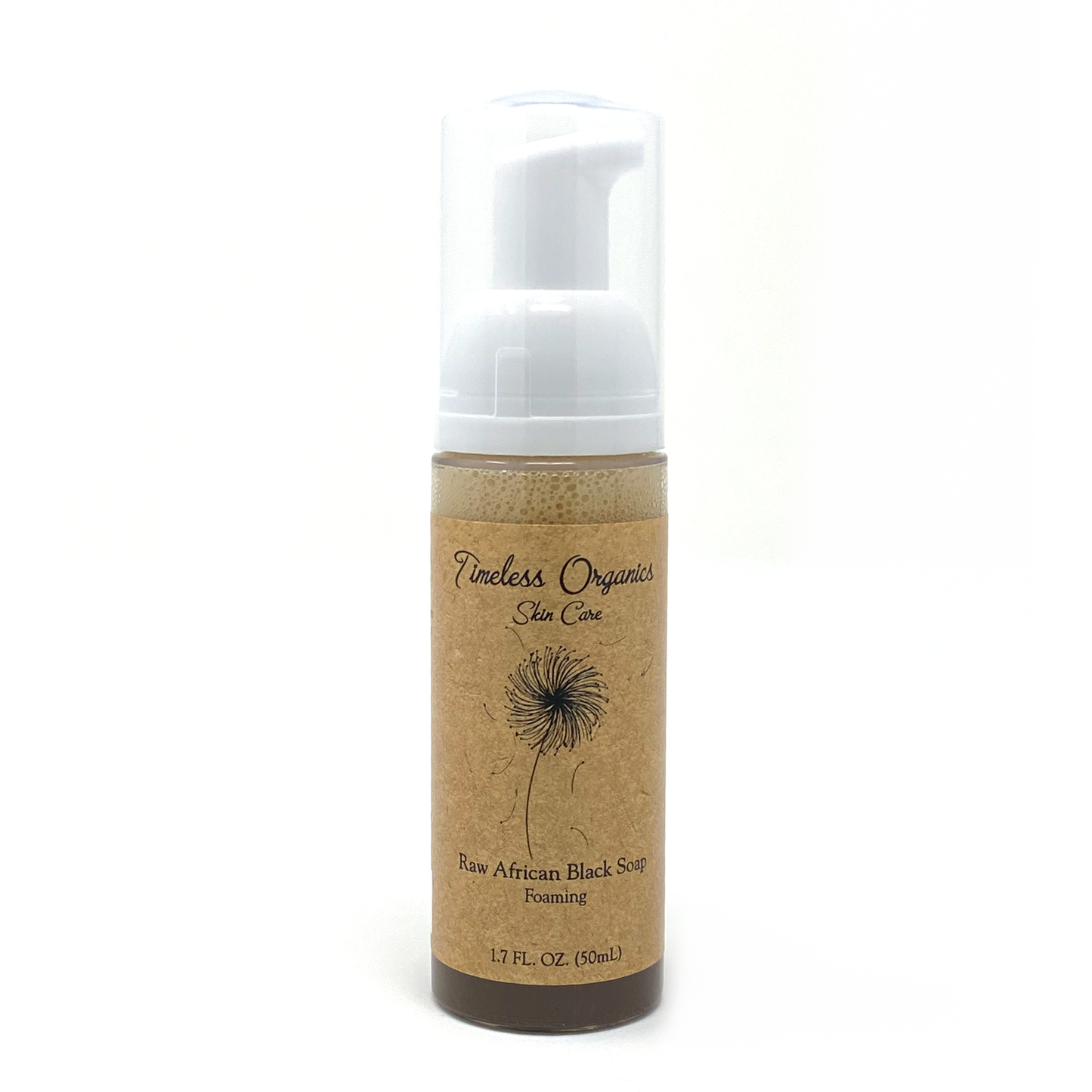 Foaming cleanser bottle of Timeless Organics Raw African Black Soap, brown with white pump.