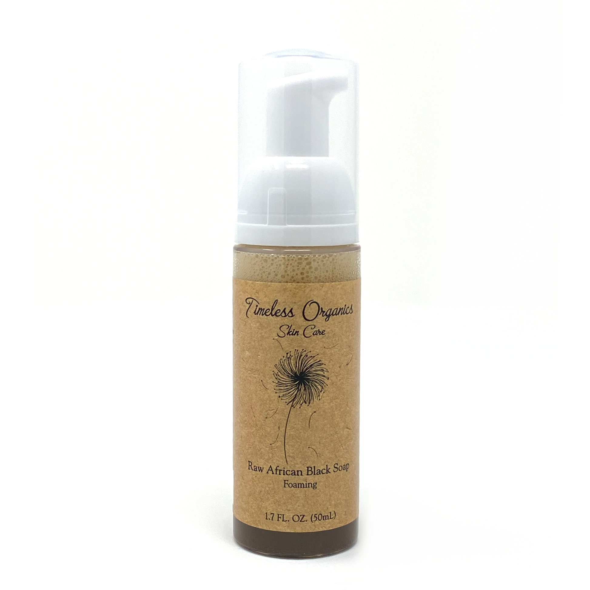 Foaming cleanser bottle of Timeless Organics Raw African Black Soap, brown with white pump.