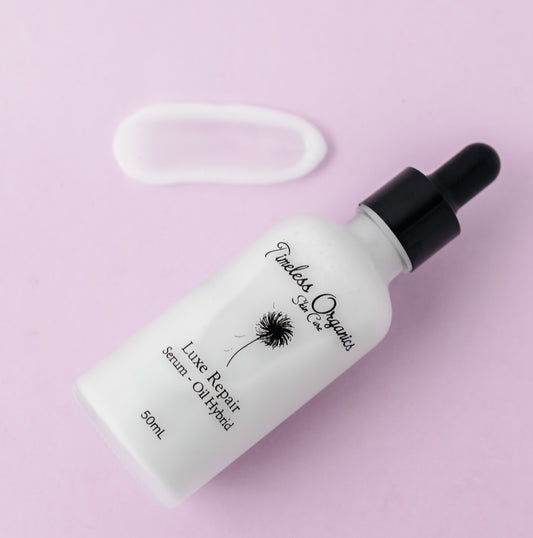 Luxe repair serum-oil hybrid bottle with black dropper and white label