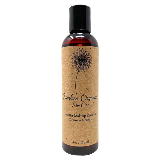 Timeless Organics micellar cleansing water bottle, black cap, amber label, 118 ml