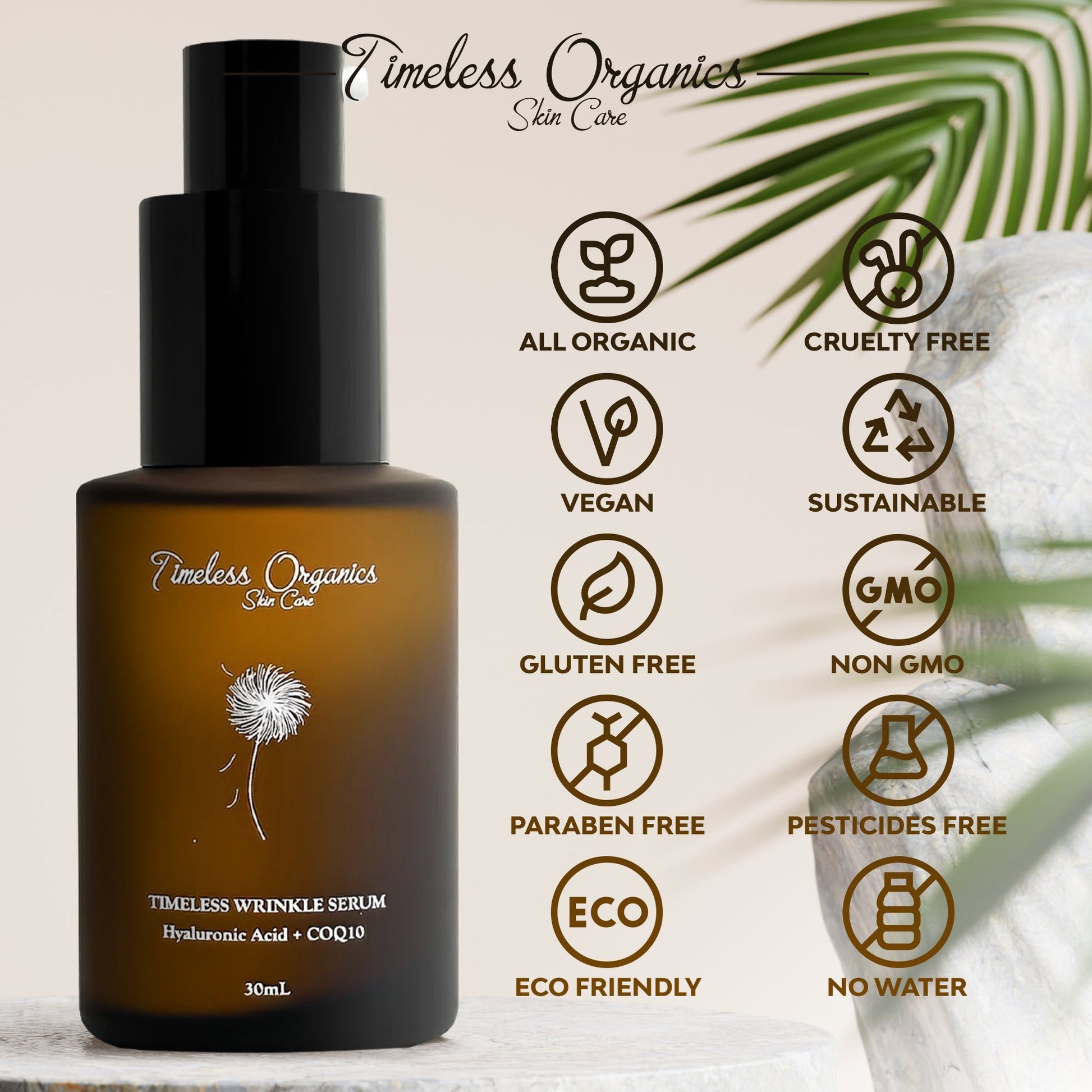 Nighttime wrinkle repair serum bottle with front branding, amber liquid and black pump