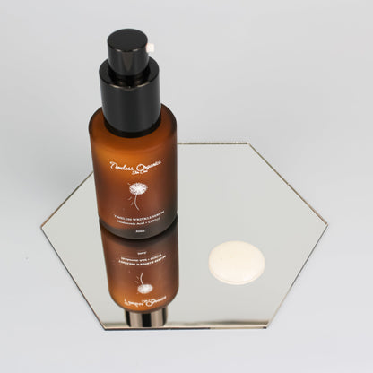 Nighttime wrinkle repair serum bottle with amber liquid and black pump, plus white sample