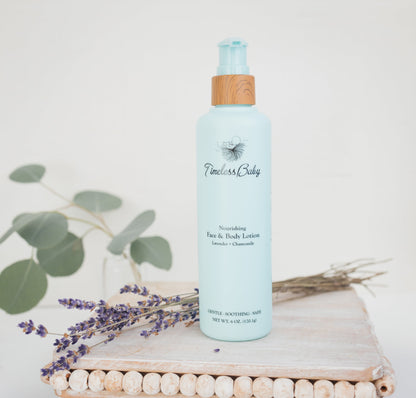Baby face and body lotion bottle with pump, light blue, Timeless Baby branding.