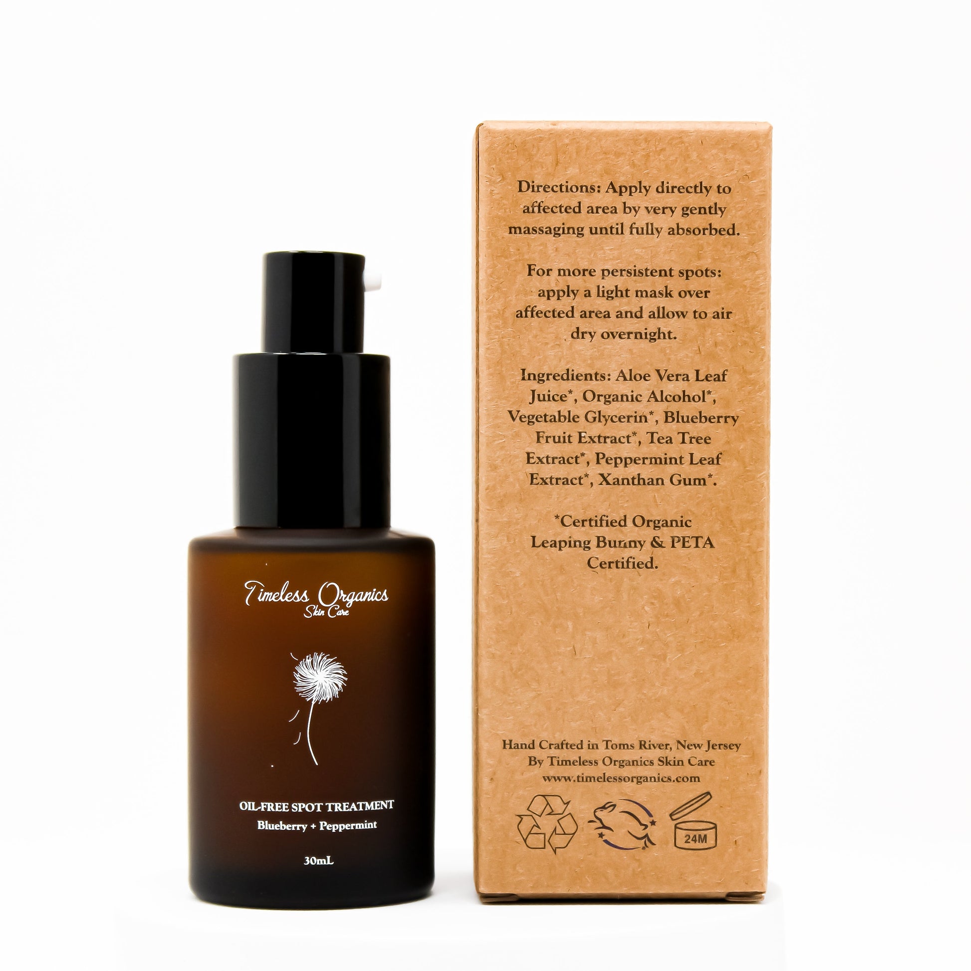 Oil-free spot treatment bottle with kraft carton, dark brown container and black cap