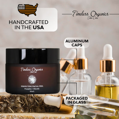Facial peel jar with aluminum cap detail and small glass serum bottles nearby.